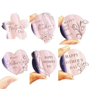 Pink acrylic Mother's Day cake topper set, laser-marked metallic finish party dessert decor.