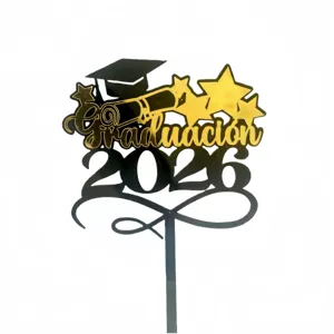 Black and gold acrylic 2026 graduation cake topper main view for graduation party supplies
