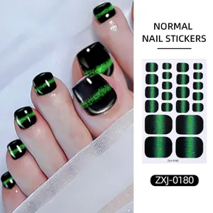Cat eye toe nail stickers with green line design, waterproof summer nail art wraps for women.