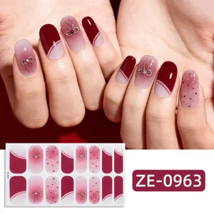 Burgundy gradient nail wraps with elegant silver bow designs and glitter dots for daily wear.