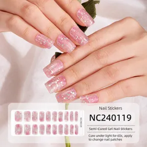 Aftokollhta nyxiwn gel roz glitter UV semi cured gia gynakes 20temaxia set onychwn