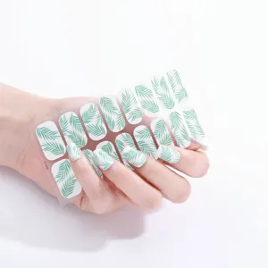 Pegatinas de uñas de hoja de palma verde de 16 dedos, nail art tropical adhesivo moderno.