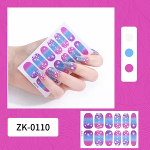 Gradient pink blue star nail art stickers detail view, glitter full wrap manicure decals.