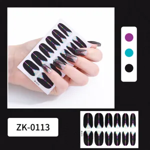 Glitter stripe nail stickers detail view showing hand application, color swatches and sheet layout.