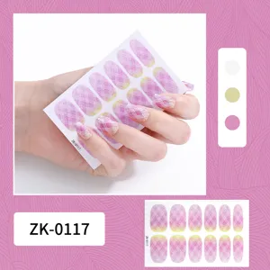 Detail view of pink grid nail stickers with glitter gradient, showing application and color swatch.