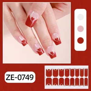 Saint-Valentin autocollants d'ongles cœur dégradé rouge, 16 pointes manucure complète.