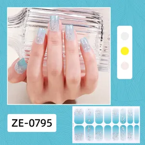 Blue gradient glitter nail wraps 16 tips cute full cover adhesive nail art stickers for women