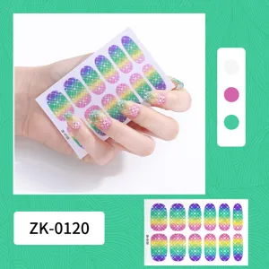 Close-up detail of colorful glitter geometric pattern full wrap nail stickers sheet.