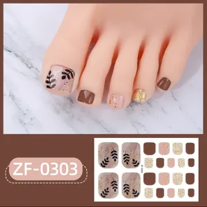 Set de pegatinas de uñas de los pies con hojas marrones rosas y purpurina brillante diaria.