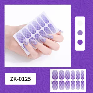 Purple plaid nail art sticker detail view, showing hand application and color swatch samples.