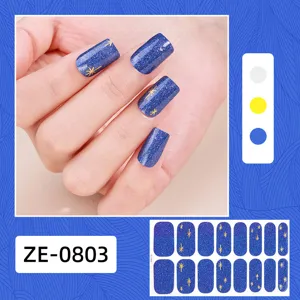 Blue glitter nail wraps with gold stars laser nail art stickers full cover manicure set.