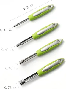 Stainless steel fruit corer tool set with multiple size blades for efficient kitchen food prep.