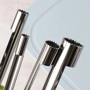 Stainless steel fruit corer tool set for apples and dates, sharp serrated detail view.