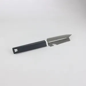 Close-up view of the stainless steel peeler blade with serrated edge and ergonomic handle.