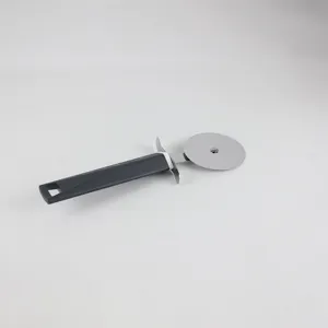 Stainless steel pizza cutter wheel with ergonomic black textured handle for kitchen use