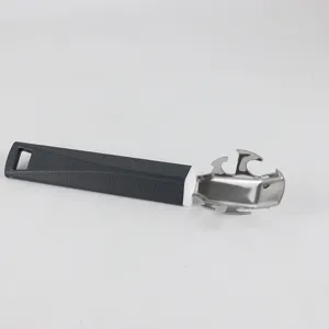 Detailed view of the multi-functional kitchen gadget handle and stainless steel clamping head.