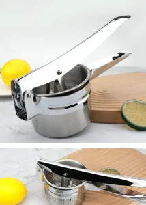 Edelstahl Kartoffelstampfer Detailansicht, manueller Entsafter Mechanismus mit Lochkorb.