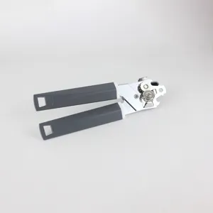 Ergonomic manual can opener with grey handle and stainless steel cutting wheel for kitchen.