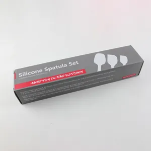 Silicone spatula set packaging box detail showcasing baking tool features and safety info.