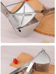 Stainless steel potato masher detail view, manual kitchen tool close up shot display