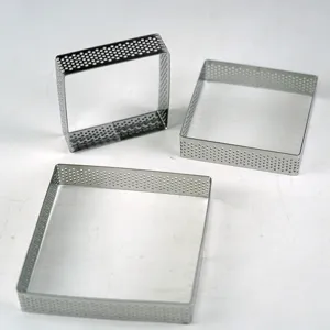 Perforated square stainless steel mousse tart ring baking mold set for professional pastry makers.