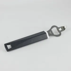 Stainless steel bottle opener with anti-slip black plastic handle for kitchen use.
