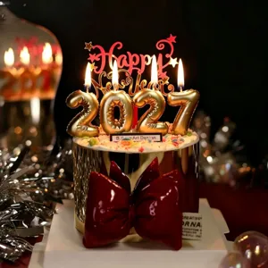 Happy New Year Cake Topper Set Acrylic Star Lettering Cake Decor Festive Number Birthday Candles Metallic Gold Party Supplies For Celebration