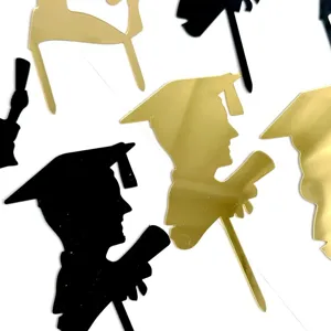 Graduation acrylic cake topper detail, black and gold graduate silhouette design for party decor.