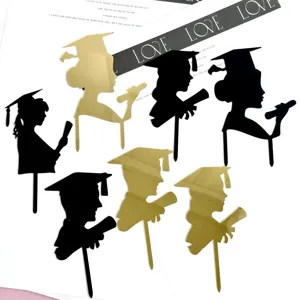 Acrylic graduation cake toppers set, black and gold silhouette design for party decor.