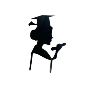 Black acrylic graduation cake topper silhouette featuring a female graduate with cap and diploma.