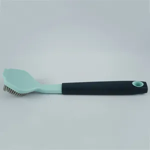 Kitchen cleaning brush detail shot, dual-color long handle pot washing brush with hanging hole.