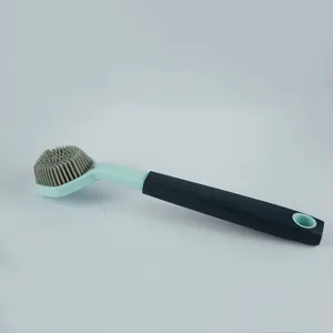 Long handle cleaning brush detail, gray silicone bristles, non-stick oil kitchen tool display.