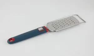 Stainless steel kitchen grater with blue silicone handle for cheese vegetable shredding