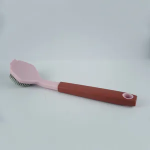 Dual color long handle cleaning brush for kitchen pots and dishes with hang hole detail.