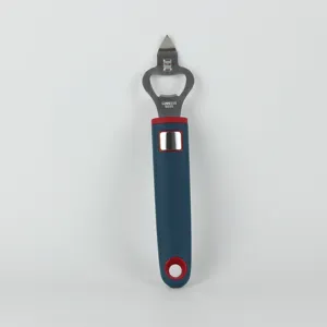 Stainless steel bottle and can opener with dark blue silicone handle detail view.