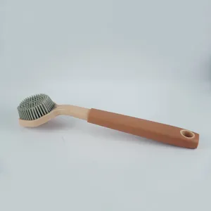 Long-handled cleaning brush with flexible silicone bristles for kitchen dish washing.