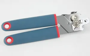 Stainless steel manual can opener detail with ergonomic blue and red silicone handles.
