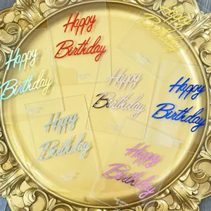 Colorful acrylic Happy Birthday cake toppers displayed on gold tray, perfect for party decor.