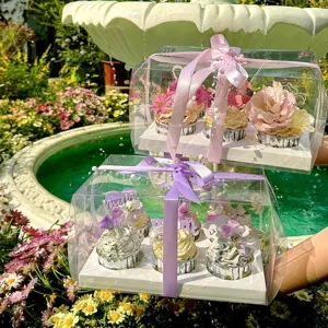 Mother's Day acrylic cake topper set in clear gift box with ribbons, floral cupcake decor.