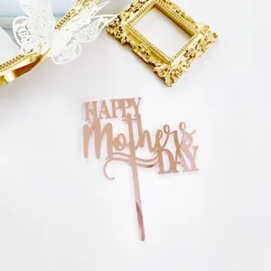 Rose gold mirror acrylic Happy Mother Day cake topper detail view, elegant party decoration.
