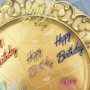 Close-up detail of clear acrylic Happy Birthday cake toppers in various vibrant colors.