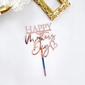 Rose gold mirror acrylic cake topper detail shot showing Mother's Day script design clearly.