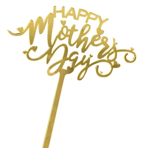 Gold mirror acrylic Happy Mothers Day cake topper for mom party baking decoration accessory.