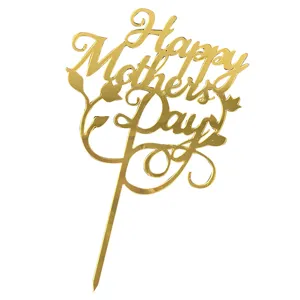 Gold mirror Happy Mothers Day cake topper detail, elegant acrylic floral dessert decor.