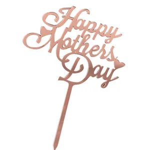 Close-up detail shot of the rose gold mirror acrylic Happy Mothers Day cake topper.