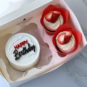 Ins style birthday cake and cupcake gift box set with happy birthday acrylic topper.