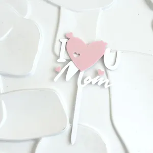 Día de la Madre rosa blanco acrílico pastel topper I U Mom doble capa postre fiesta decor