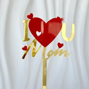 Topper de pastel de acrilico oro y rojo I love u mom para decoracion de fiesta del dia de la madre.