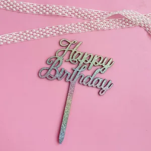 Décoration de gâteau Happy Birthday pailletée colorée pour fête, panneau scintillant.