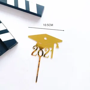 Topper de pastel de graduación de acrílico dorado 2021 para fiesta, decoración elegante.